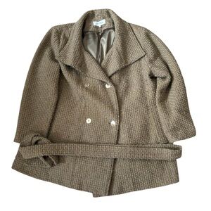 Calvin Klein Brown Wool Blend Pea Coat Boucle Knit Sz 2X Waist Tie Women’s
